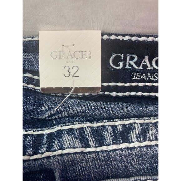 Nwt Grace in LA Women's Embellished Pocket Denim SZ 32 Easy Fit Distressed Short - Picture 9 of 15